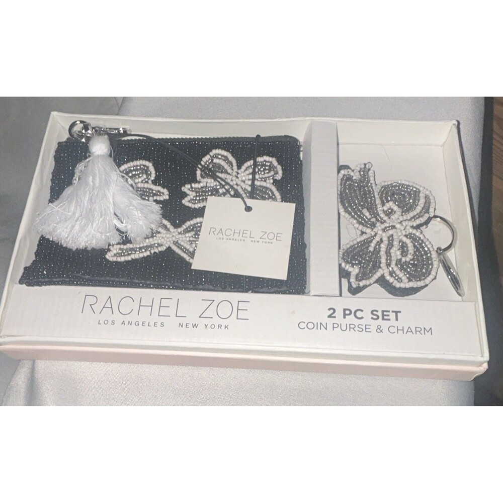 Rachel Zoe Beaded Coin Purse Bag Charm Bow Keychain Set Black White NIP New